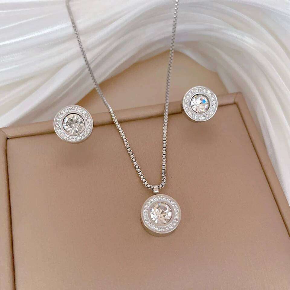 ZAKOL Shiny Crystal Zircon Round Pendant Necklace Earrings for Women Exquisite Stainless Steel Chain 2 Pcs Jewelry Set