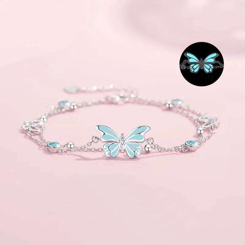925 Silver Elegant Blue Luminous Double-layer Butterfly Bracelet with Adjustable Size for Women's Birthday Party Gifts 25H1229