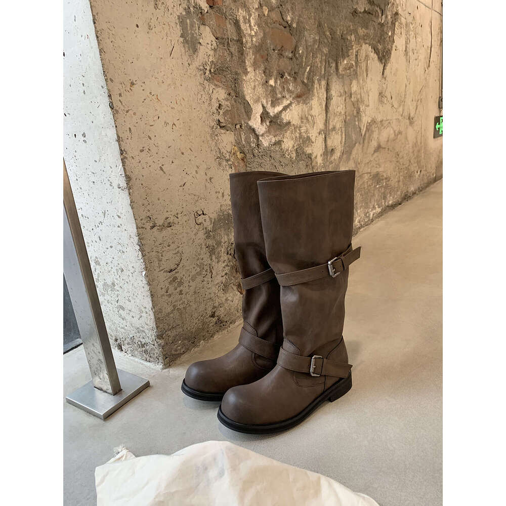 Internet Celebrity Style Round Toe Belt Buckle Wrinkled British Retro Polished Thick Heel Mid-Calf Riding Boots for Women