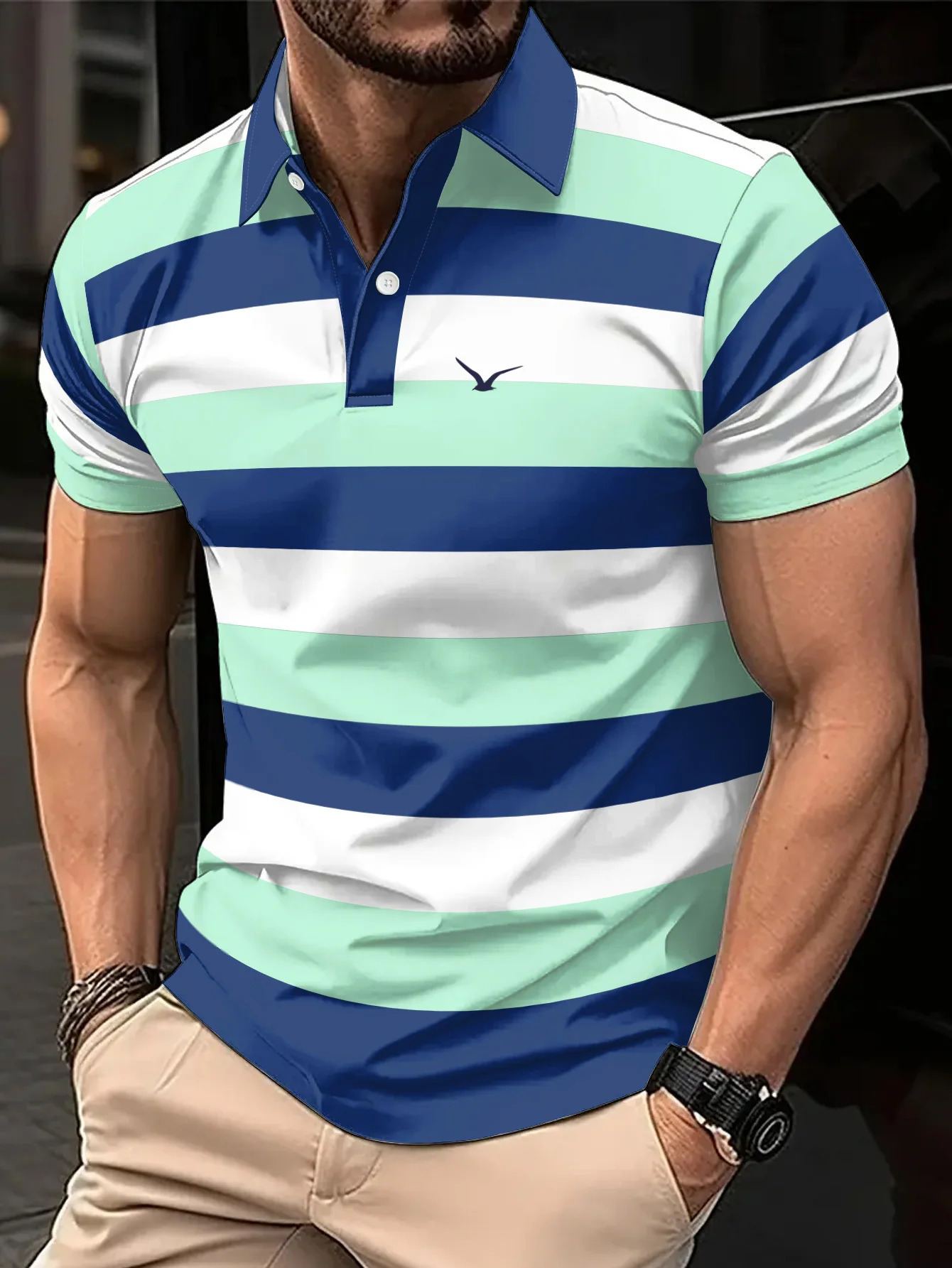 Mens MintNavyWhite Striped Polo Shirt Minimalist Detail Fresh Casual n Comfortable Top for Daily 251219