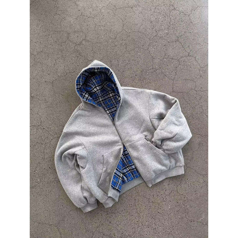 2026 New Double-Sided Blue Plaid Hoodie Men Women Embroidered Loose Zipper Hooded Jacket Y2K Streetwear Casual Couple Sweatshirt
