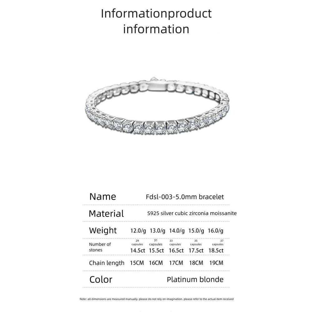 2.5/3/4/5mm Moissanite Tennis 925 Sterling Silver Plated White Gold Bracelet for Women Man Sparkling Party Jewelry a67
