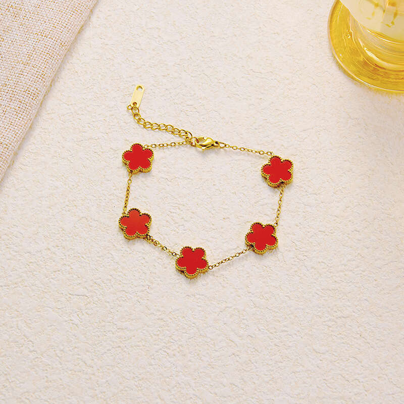 Titanium Steel Lucky Clover Five-Leaf Flower Bracelet Simple Fashion Versatile Light Luxury High-End Double-Sided Mother-of-Pearl Jewelry