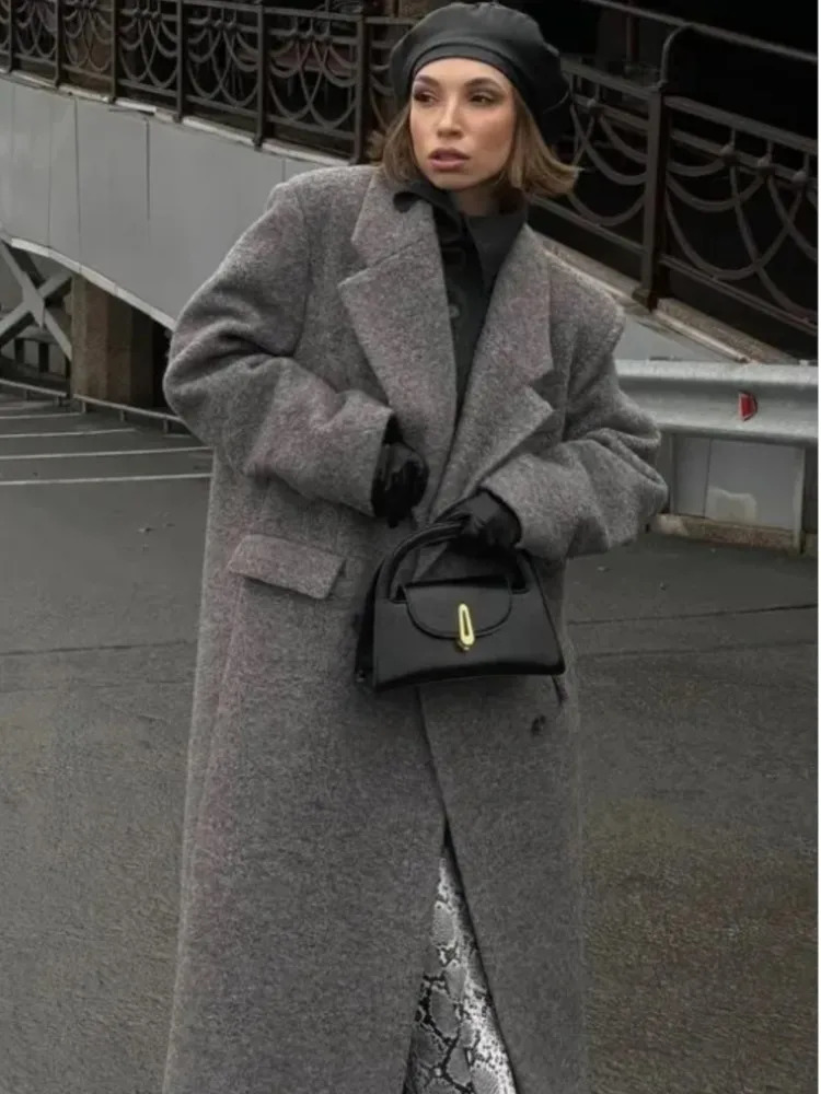 Gray Loose Woolen Blends Long Coat Warm Causal Pockets Overcoat Winter Double Breasted Elegant Outwear Lady Thickening Jacket 251226