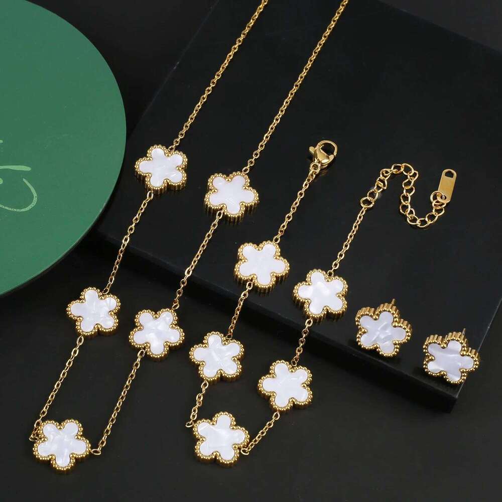 INS Hot Sale Stainless Steel Five Laef Flower Clover Bracelet Set Necklace Earrings For Woman Daily Wear Brand Jewelry 25H1229
