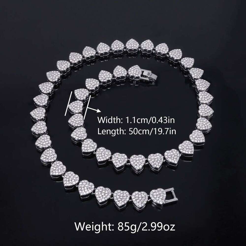 ZAKOL New 11mm Width Heart Hip Hop Bracelet Necklace Shiny Pink Clear Rhinestone CZ Street Rock Ornaments Jewelry for Women Men