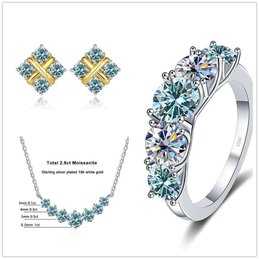 Total 7.2 Ct D Color VVS1 Moissanite Jewelry Set with Black card pass diamond test 925 Sterling Sliver Ring Earring Pendant c53