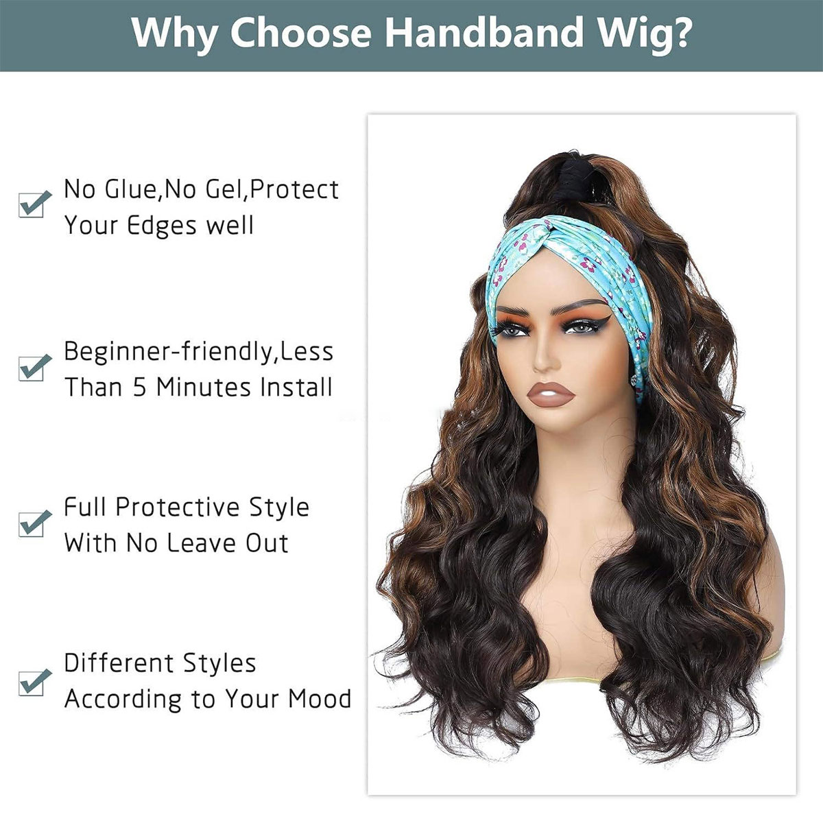 Ice Silk Headband Wig High-Temperature Synthetic Fiber Glue Free Black Brown Body Waves Curly Hair for Women