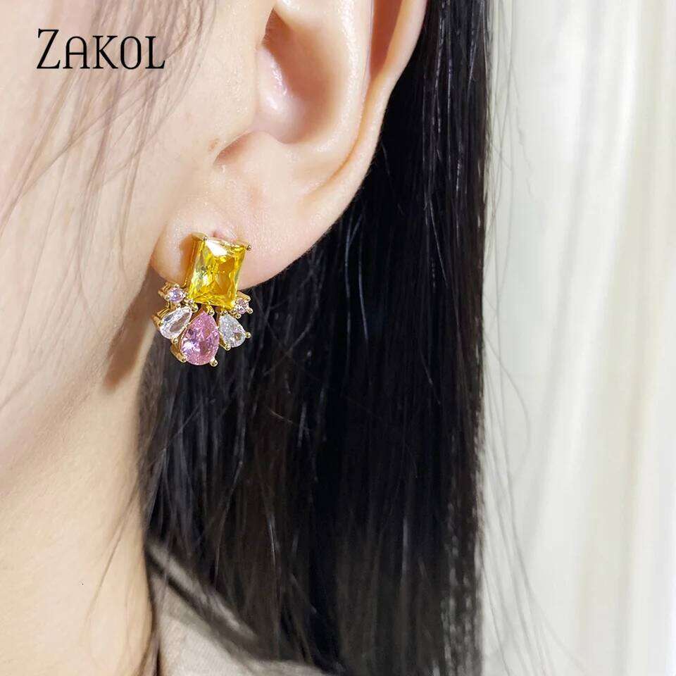 ZAKOL Fashion Colorful CZ Flower Stud Earrings for Women Square Cubic Zirconia Girls Ear Wedding Party Jewelry