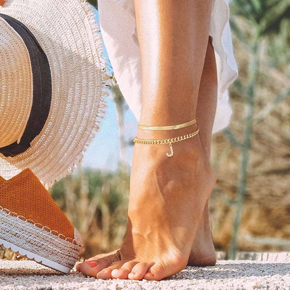 Cross-Border New Style Diamond-Studded 26 Letter Magic Chain Two-Piece Set Stainless Steel Bone Flat Snake Blade Anklet