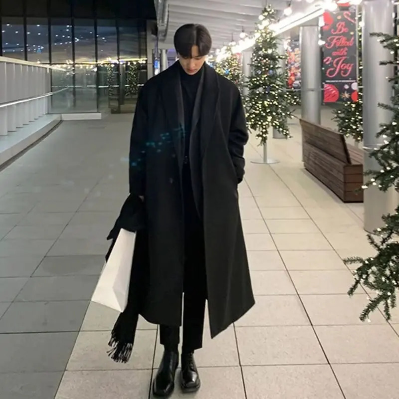 Lapel Mens Long Woolen Coat Korean Midilength Trench Coats Solid Color Classsic Mans Winter Windbreaker 251226