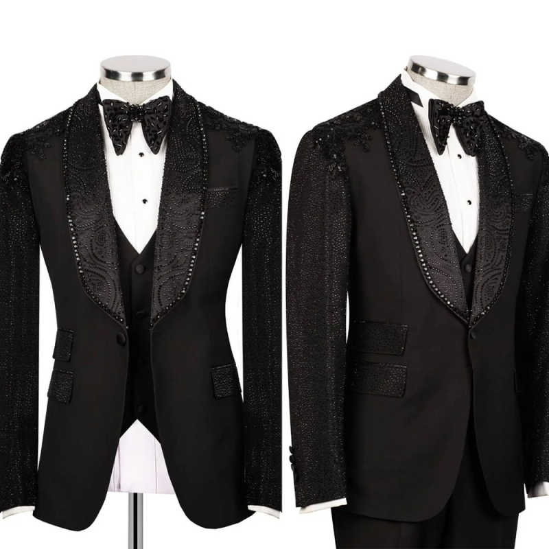 Elegant Men Suits Tailor-Made 2 Pieces Shawl Lapel Jacket Sequins Beading Blazer One Button Groom Customized Coat Pants
