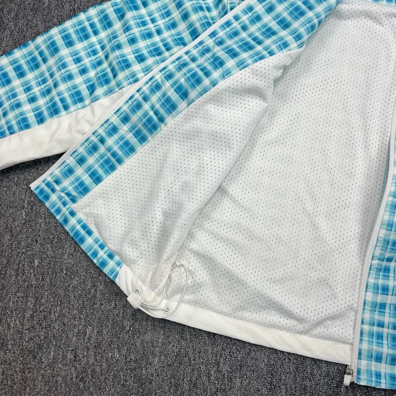 Men's Jackets Mesh Blue Green Plaid Zipper Hooded Jacket Men Women Letters Embroidery Label Slanted Quick Dry Loose Windproof