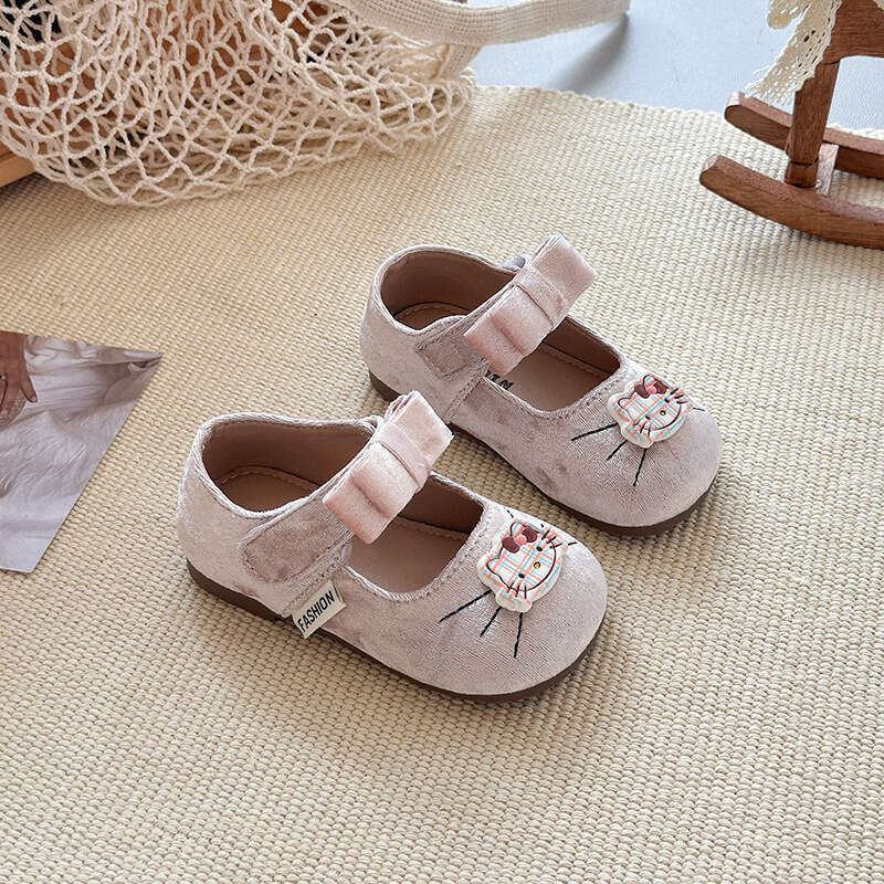 INS French Velvet Small Leather 2025 Spring and Autumn New Korean Style Girls' Soft Sole Cartoon Bow Princess Shoes