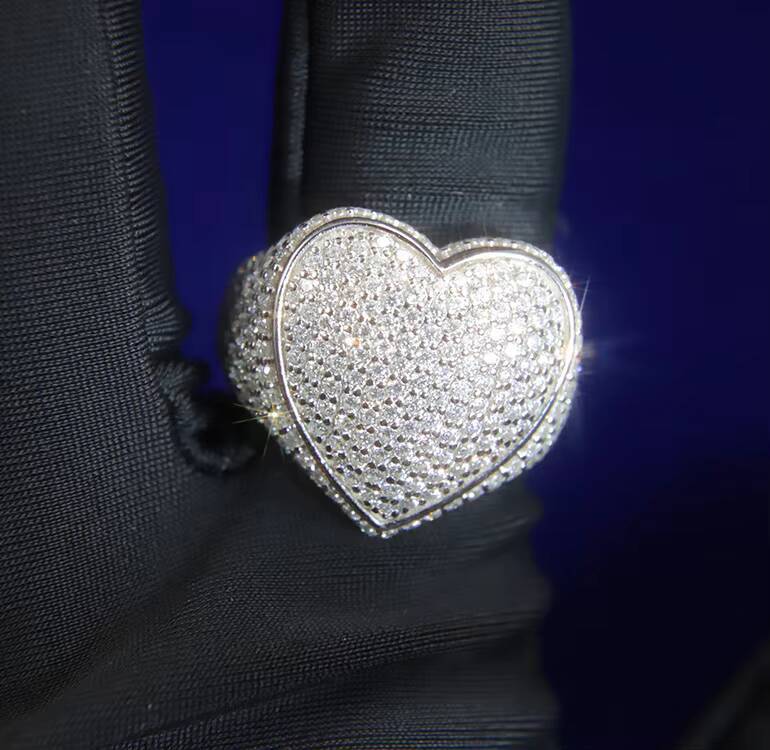 Yy Rts Iced Out Heart Vvs Moissanite Rings Pass Diamond Tester 925 Sterling Silver Hiphop New Arrival Jewelry Rings for Men