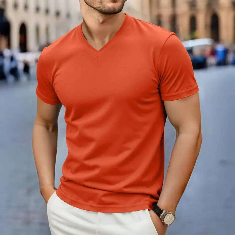 2025 New Men's Casual Fashion Simple V-Neck Short Sleeved T-Shirt Summer Comfortable Breathable Versatile Top