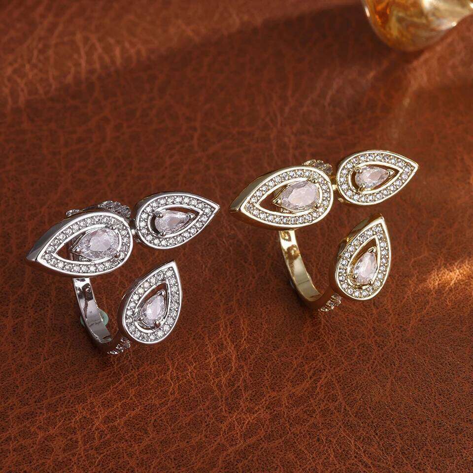 ZAKOL Shiny Pear-shaped Zircon Turkey Evil Eye Design Adjustable Open Rings Niche Fashion Couple Ring Engagement Jewelry Gift