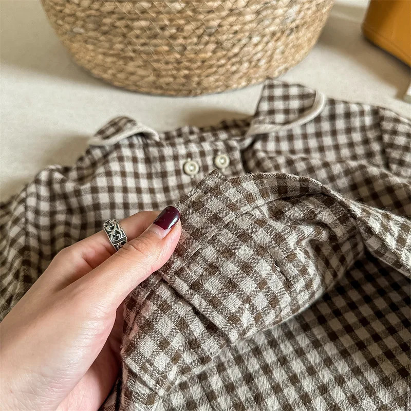 deer jonmi Spring Korean Style Baby Girls Plaid Blouses Peter Pan Collar Bat Sleeve Toddlers Kids Cotton Linen Blouses 251217