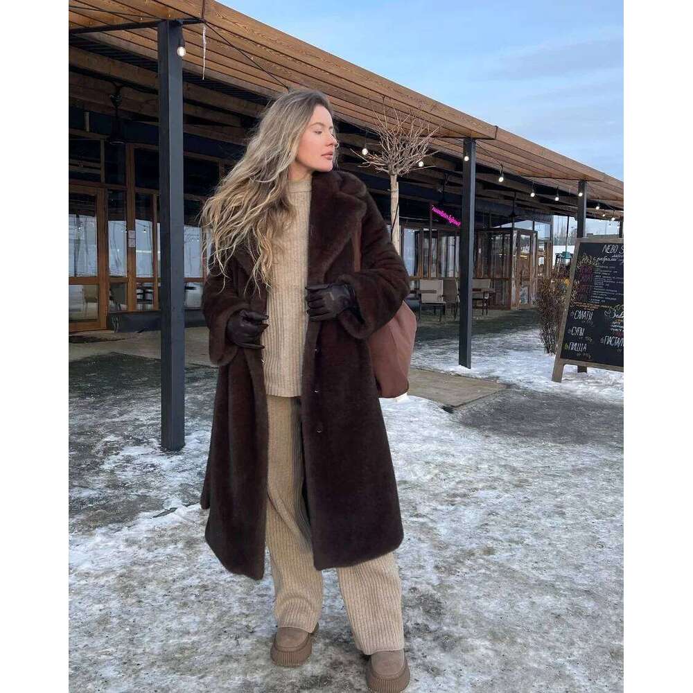 Brown Vintage Premium Faux Maxi Coat With Belt Stunning Mob Wife Parka Outwear Mink Fur Cozy Winter Warm Outfit Inspiration