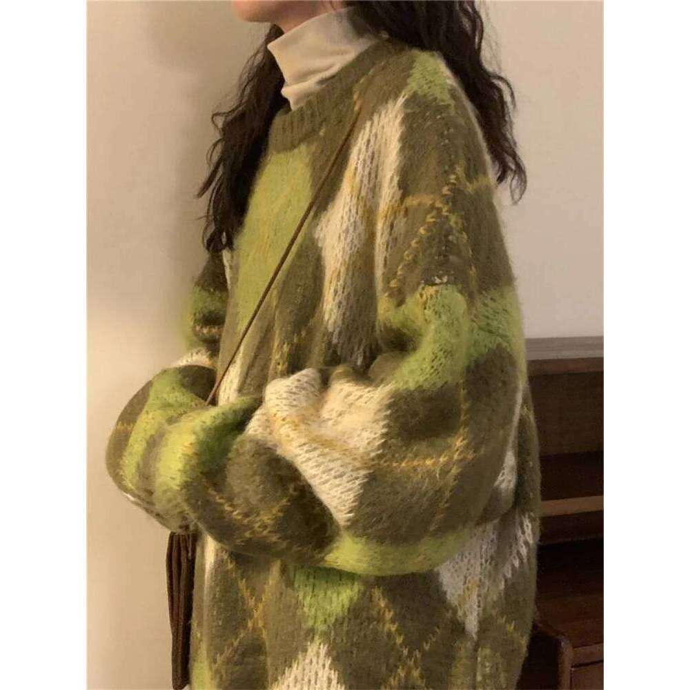 Retro Green Pullovers Women Cozy Minimalist BF Style Autumn Argyle Casual Harajuku Baggy Sweater Long Sleeve All-Match Knitwear