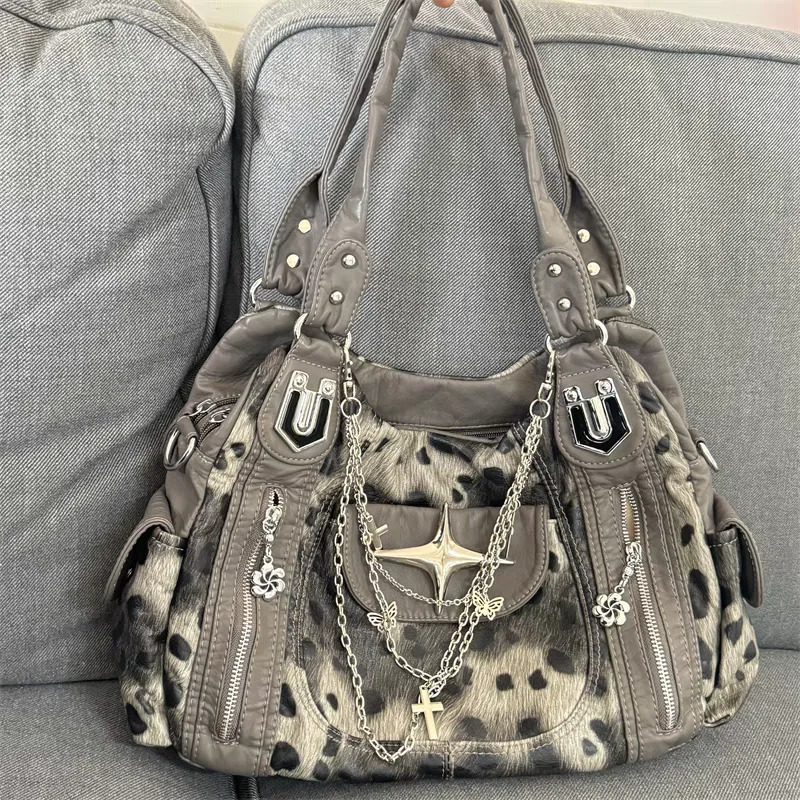 Grey Leopard Print Hangbag Cross Star Subculture Y2k Shoulder Bags Girl Tote Large Capacity Portable Messenger Bag 251225