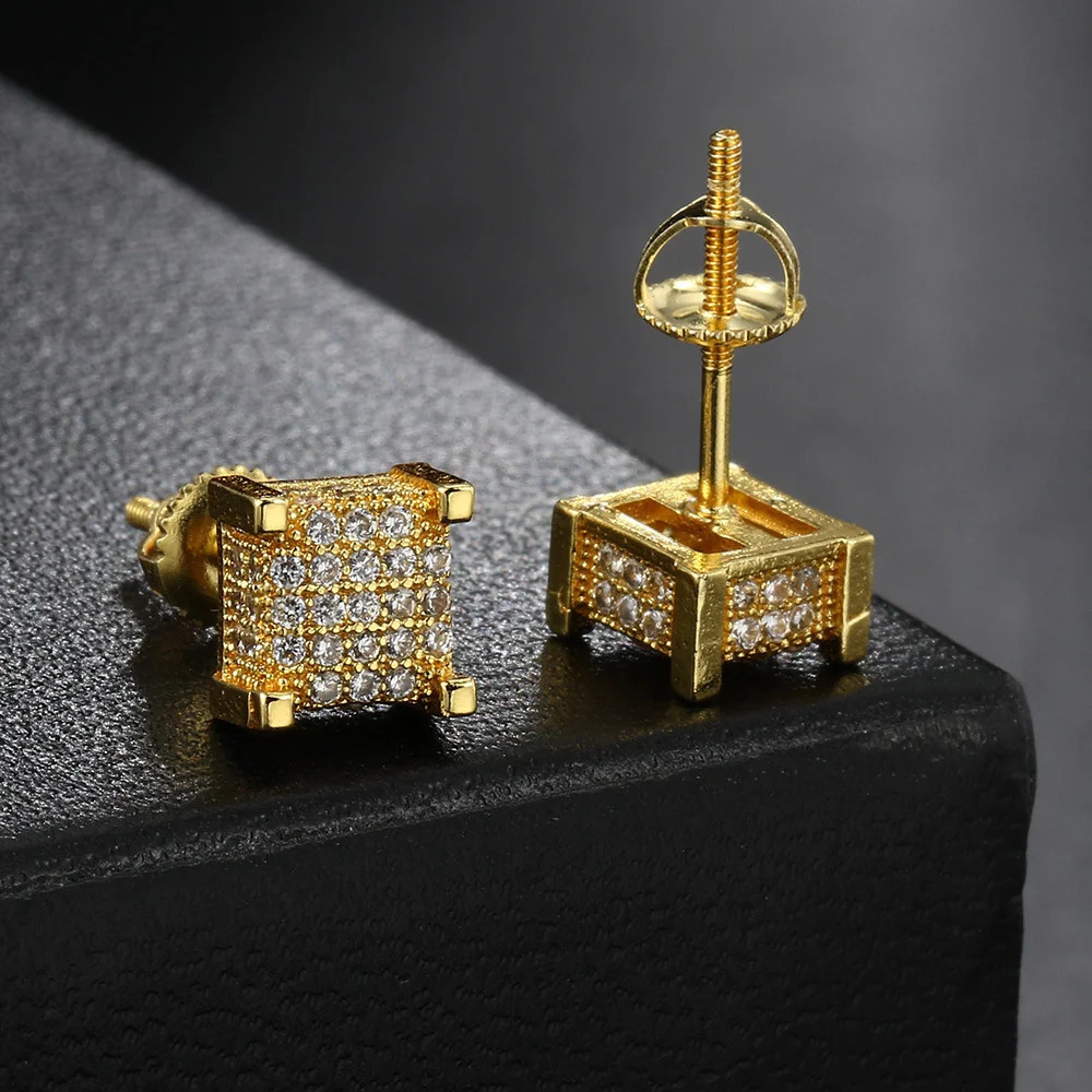 HipHop Male Small Screw Back Earring Full White Zircon Square Stud Earrings For Men Women Punk Gold Silver Color Party Jewelry 251224