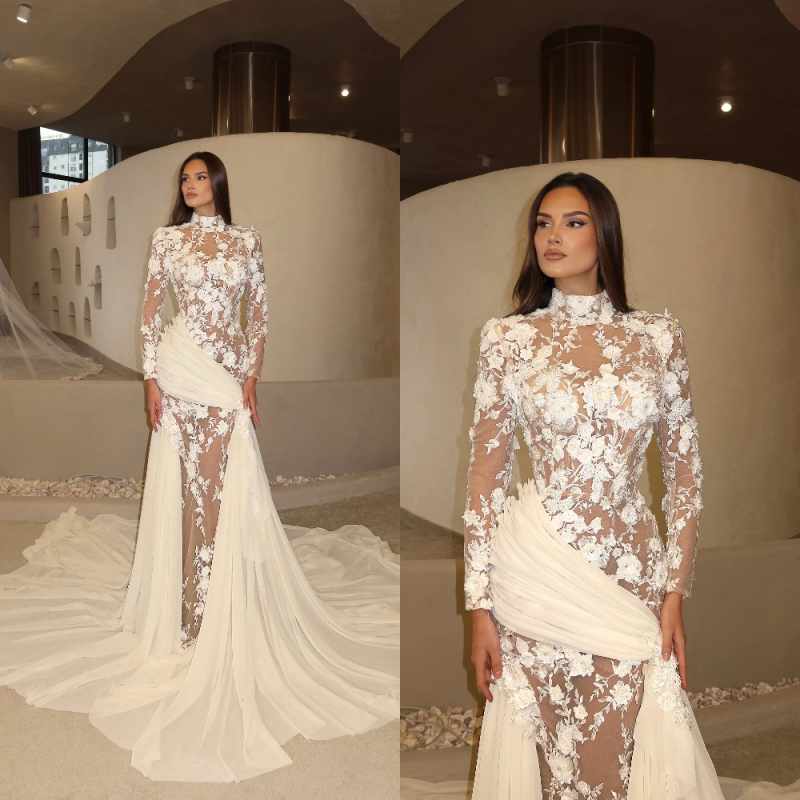 Charming Illusion Lace 3D Flower Wedding Dress High Collar Long Sleeve Bridal Gown Customized Dreamy Chiffon Dresses For Bride