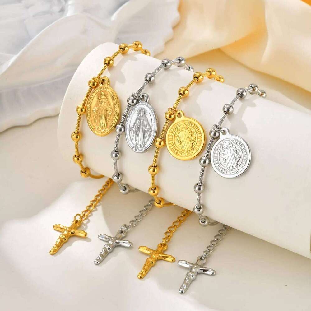 Vnox Stainless Steel Women's Rosary Bracelets, Saint Benedict Virgin Mary Jesus Cross Prayer Bracelet , Trendy Religion Jewelry 25H1229