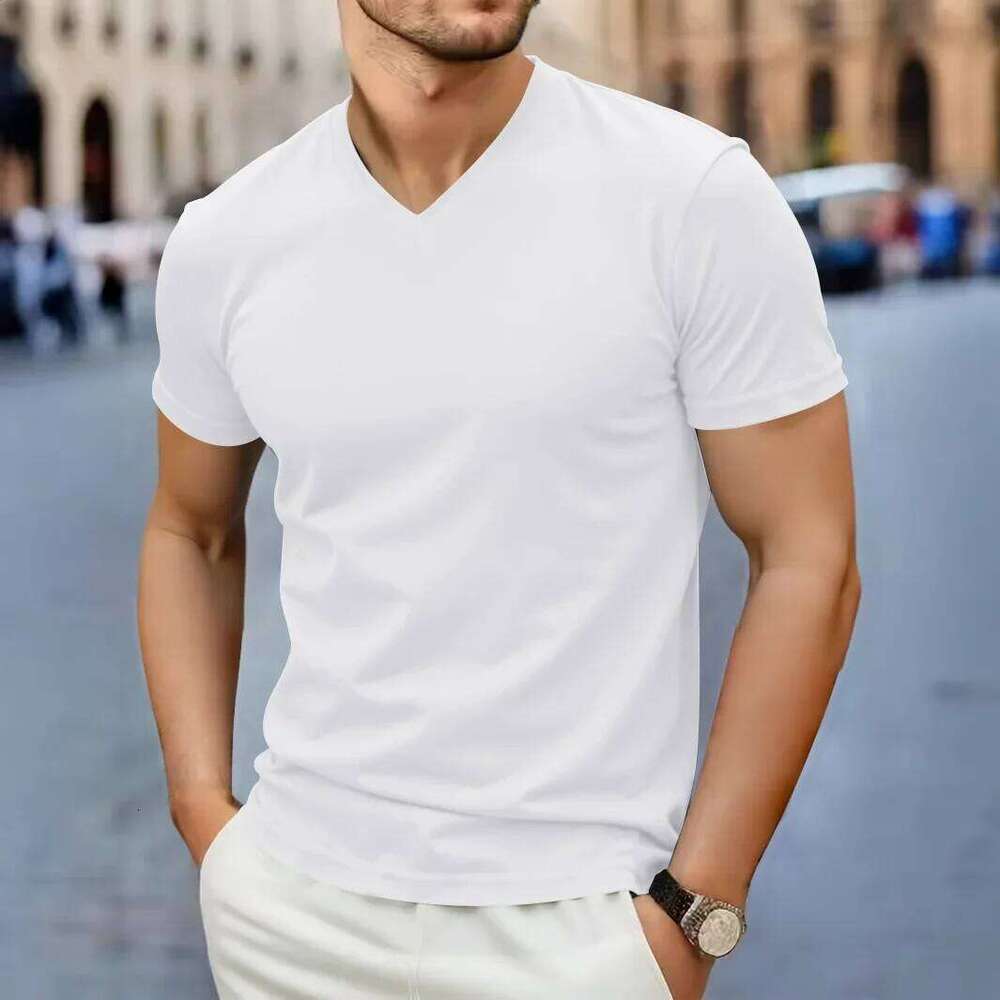 2025 New Men's Casual Fashion Simple V-Neck Short Sleeved T-Shirt Summer Comfortable Breathable Versatile Top