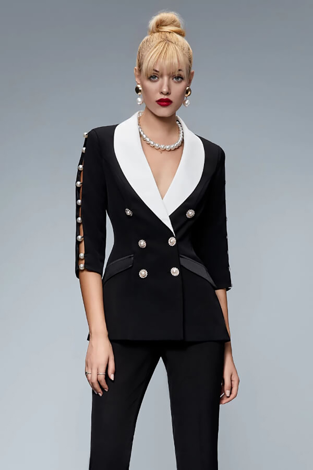 Slim Fit Women Jacket Sets Ladies Pearls Beads Long Sleeve Prom Birthday Party Evening Banquet Wear 2 Pieces