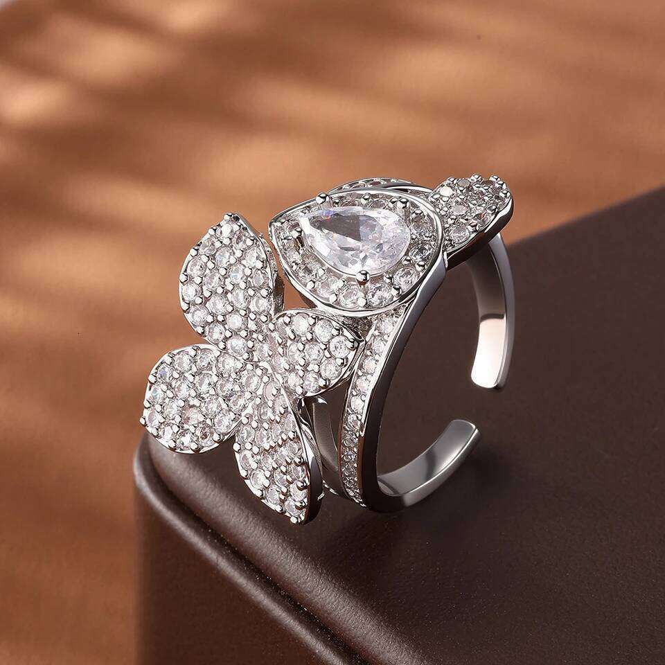 ZAKOL Exquisite Micro-intact Zircon Leaf Flower Open Ring Women Gold/Silver Color Metal Fashion Jewelry for Party Daily Wear