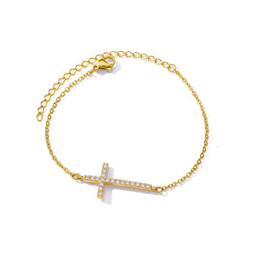 Crystal Bracelets For Women Fashion Gold Plated Stainless Steel Cross Bracelet Vintage Religion Aesthetic Jewelry Gift 25H1229