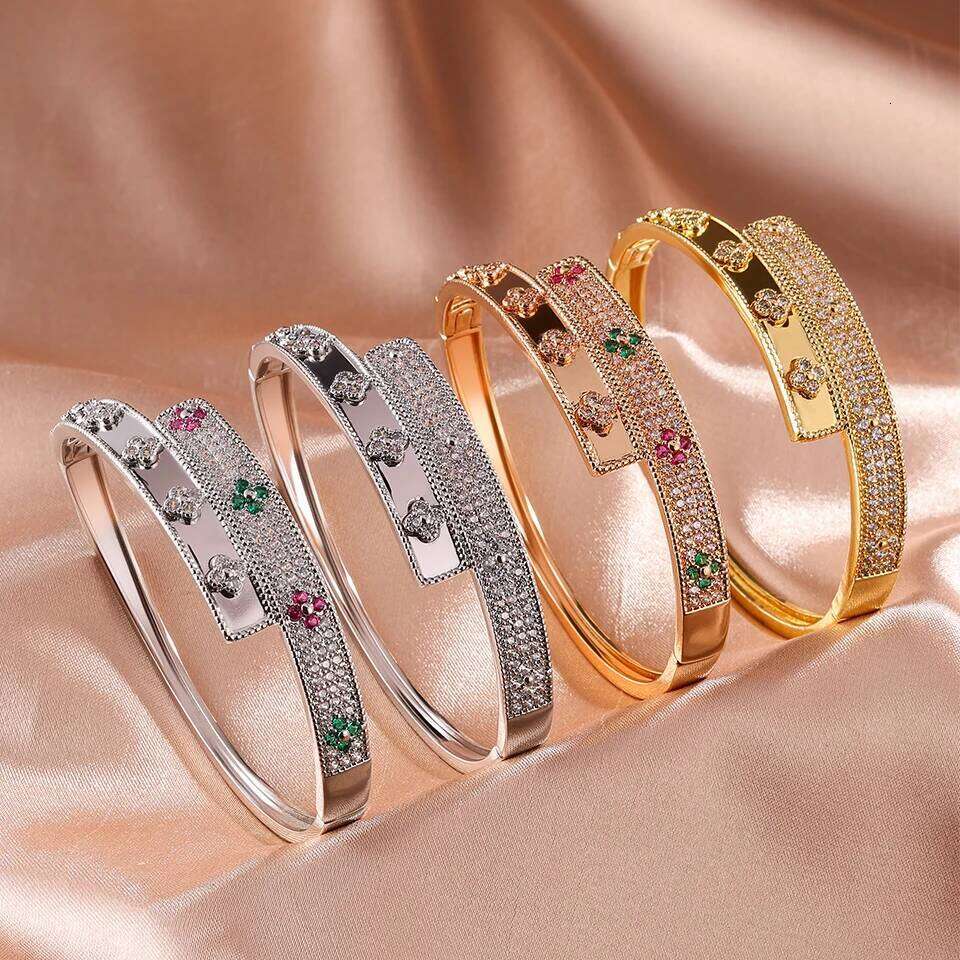 ZAKOL New Niche Design Four-leaf Flower Zircon Inlaid Bracelet for Women Shiny Colorful CZ Cuff Bangles Wedding Party Jewelry
