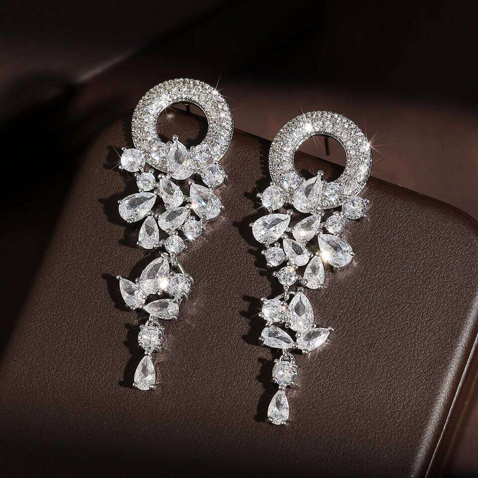 ZAKOL Vintage Sparkling Zircon Flower Dangle Earrings for Women Luxury Crystal CZ Bridal Long Earring Engagement Jewelry Gift