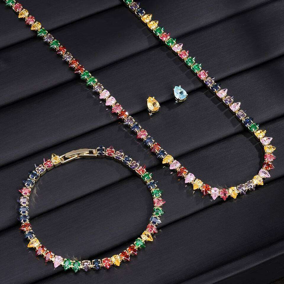 ZAKOL New Colorful Water Drop Cubic Zirconia Tennis Bracelet Necklace Earrings Set for Women Elegant Wedding Jewelry