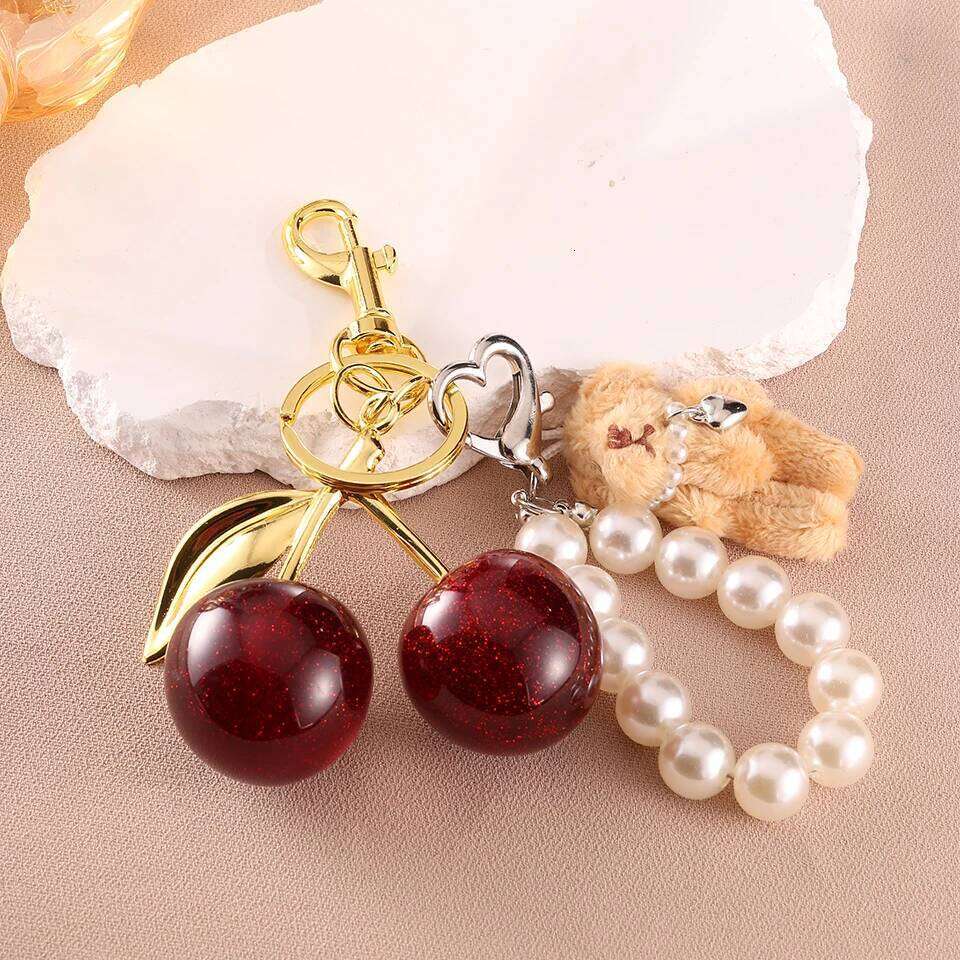 ZAKOL 2pcs/Set Red Cherry Keychain With Pearl Bead Doll Bear Fashion Aesthetic Bag Pendant Accessories Christmas Jewelry Gift