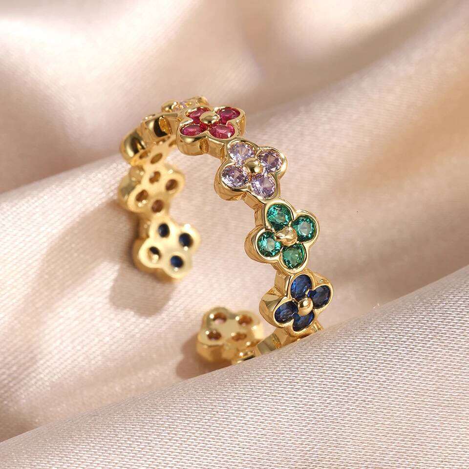 ZAKOL Colorful Zircon Five-leaf Flower Clover Adjustable Open Rings for Women Exquisite 18K Gold Birthday Jewelry Gifts