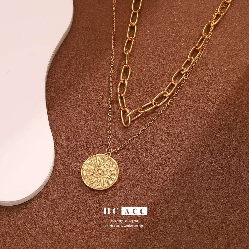 Fashion Retro Style Niche High-End Layered Necklace Sun Design Pendant Copper Gold-Plated Women's Jewelry