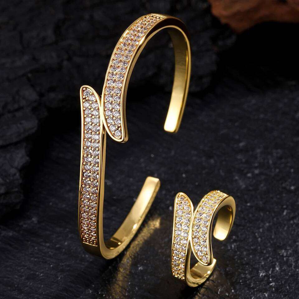 ZAKOL 9 Styles Golden Open Bracelet Ring Set Geometric Shiny Zircon 18K Gold Plated Middle East Wedding Party Jewelry
