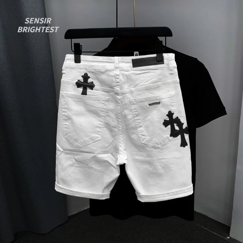 Summer Cotton Elastic Shorts Mens American Style Street Fashion Embroidered White Denim Shorts For Men And Women 251223