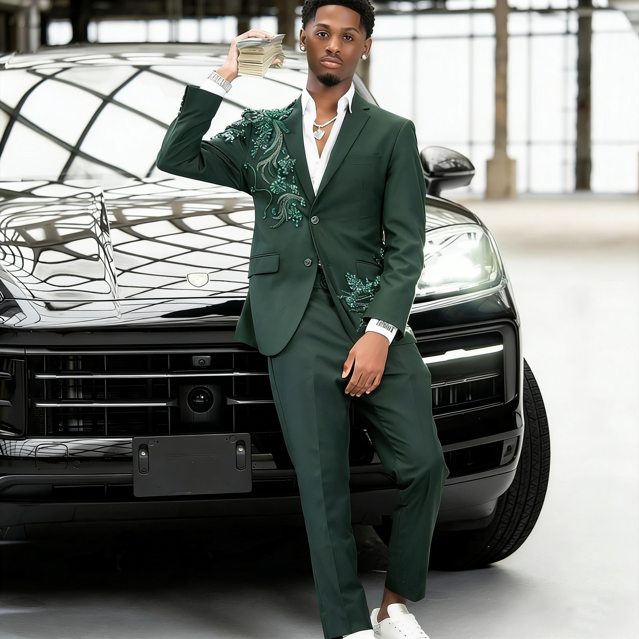 Luxury Men Suits Jacket Crystal Appliques Tailor-Made 2 Pieces Notched Lapel Blazer Two Button Groom Customized Coat Pants Plus Size