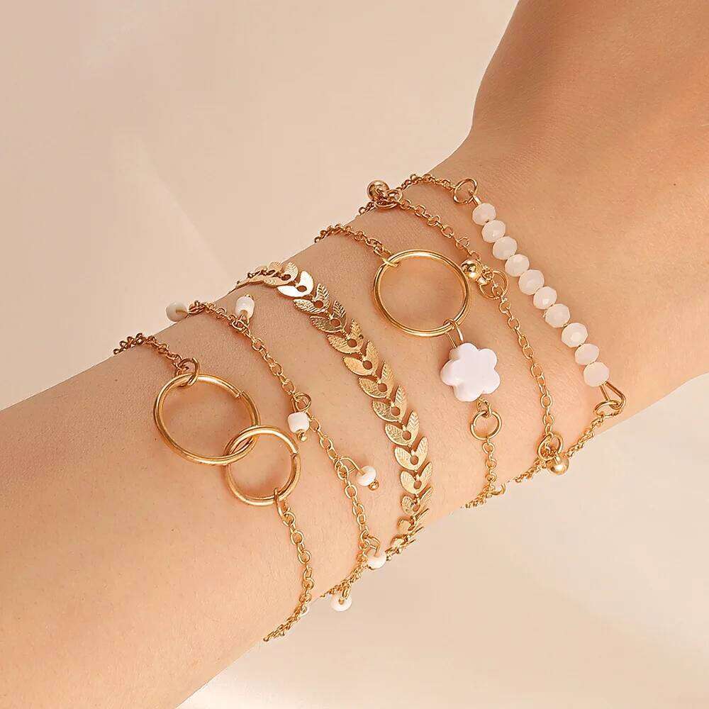 6Pcs SetBohemia Circle Bracelet Set For Women Multi-Layer Vintage Folded Wind Fish Bone Chain Flower Leaves Girls Jewelry Gift 25H1229