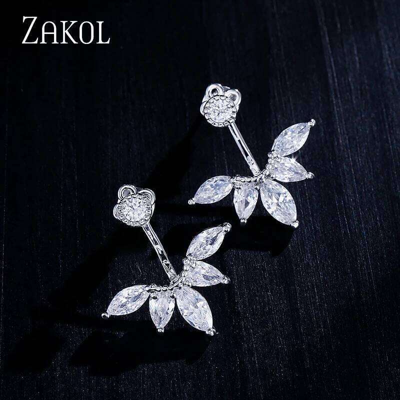 ZAKOL Fashion Leaf Stud Earrings For Women Girls Simpe Cubic Zircon Earring Jackets Party Jewelry