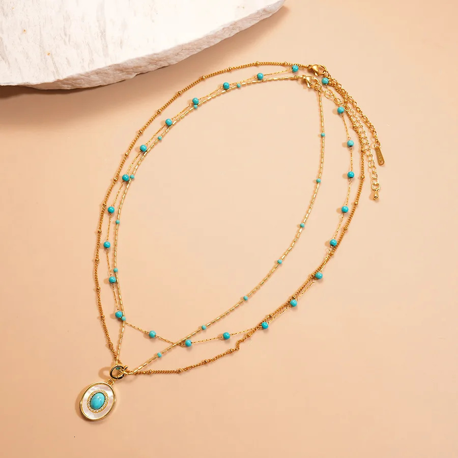 Natural Turquoise Oval Shell Pendant Necklace for Women Ethnic Style Exquisite Zircon Sexy Collarbone Chain Trendy Jewelry C1 251224