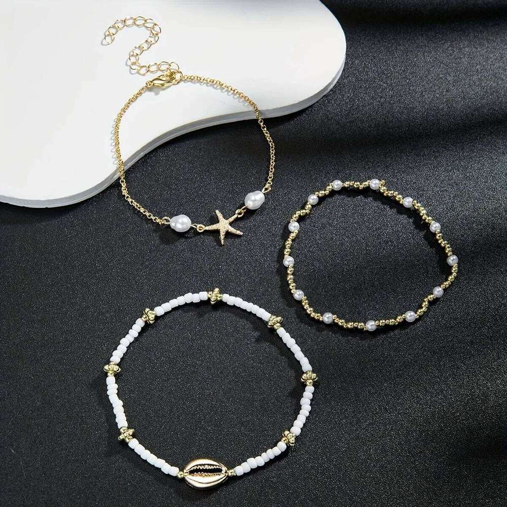 Women's Bohemian Style Beach Vacation Ankle Chains Three-Layer Foot Accessories With Rice Pearls Seashells And Starfish