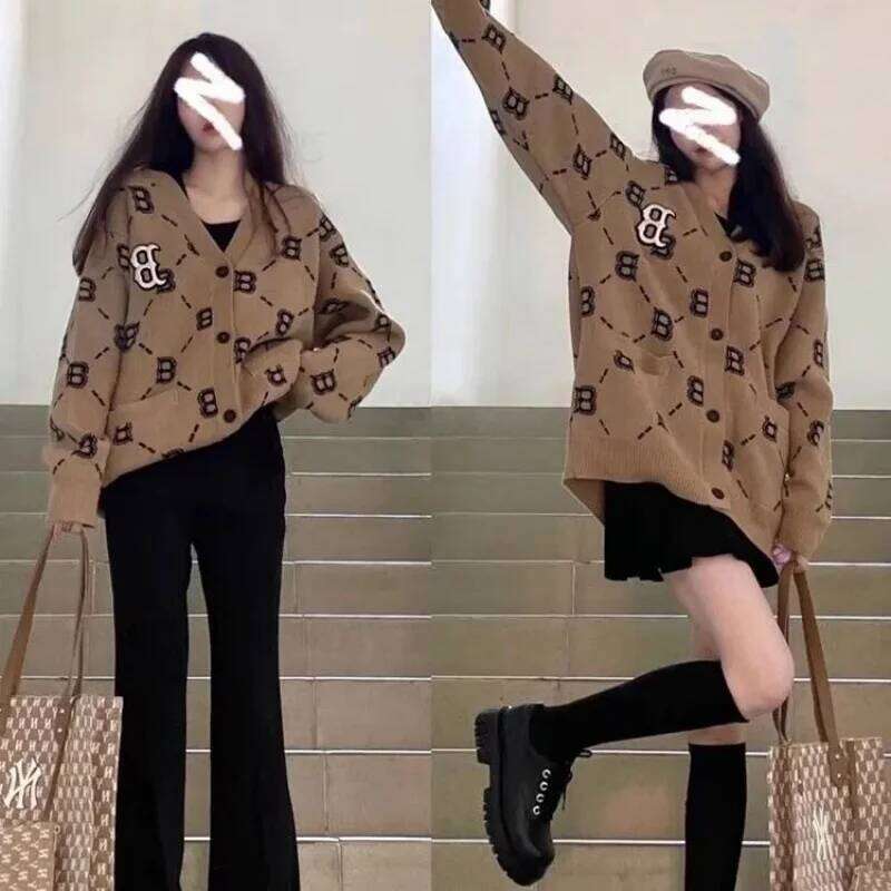 Fashion Letter Embroidery Knitted Cardigan Autumn Casual Printed Sweater Jacket Women V-Neck Single Breasted Wool Coat 616A