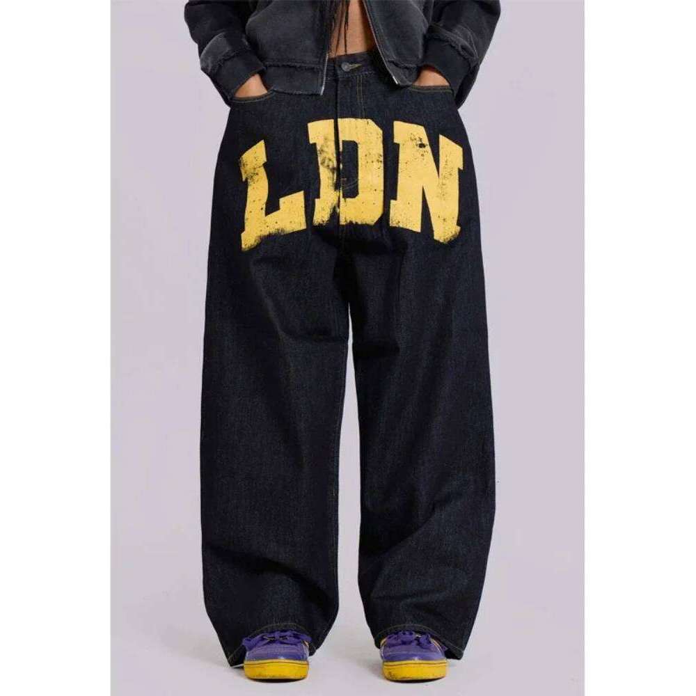 American Vintage Letter Print Jeans Women's Black Gothic Y2k Loose Denim Pants Fashion Hip Hop Wide Leg Casual Streetwear