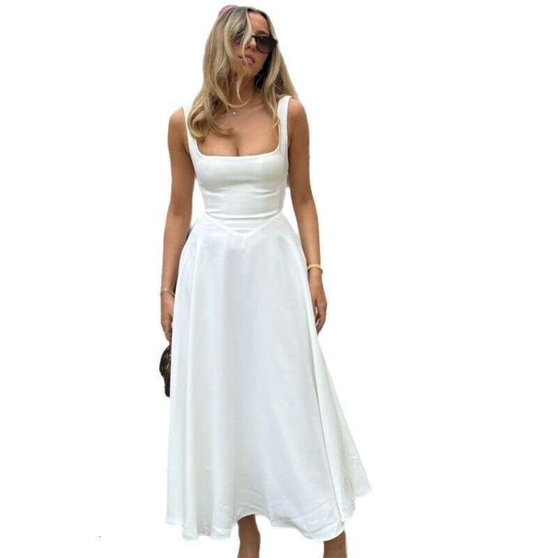Dress for women Elegant Solid Color Square Neck Sleeveless Waist-Cinching Strap Dress, 2026 Spring Summer New European and American Fashion Vacation O