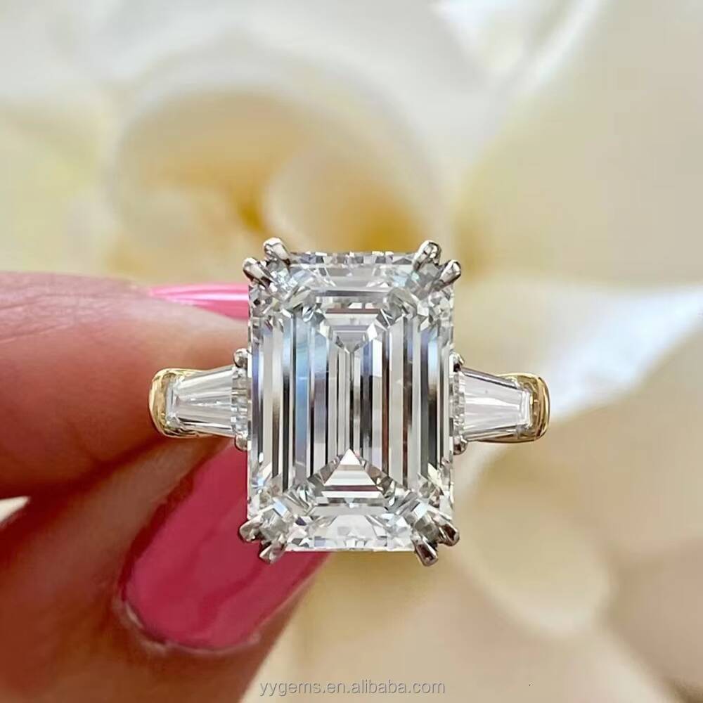 High End 14K Solid Gold 6CT Top Quality Emerald Cut Moissanite Trapezoid Side Moissanite Wedding Ring Fine Jewelry Women Rings