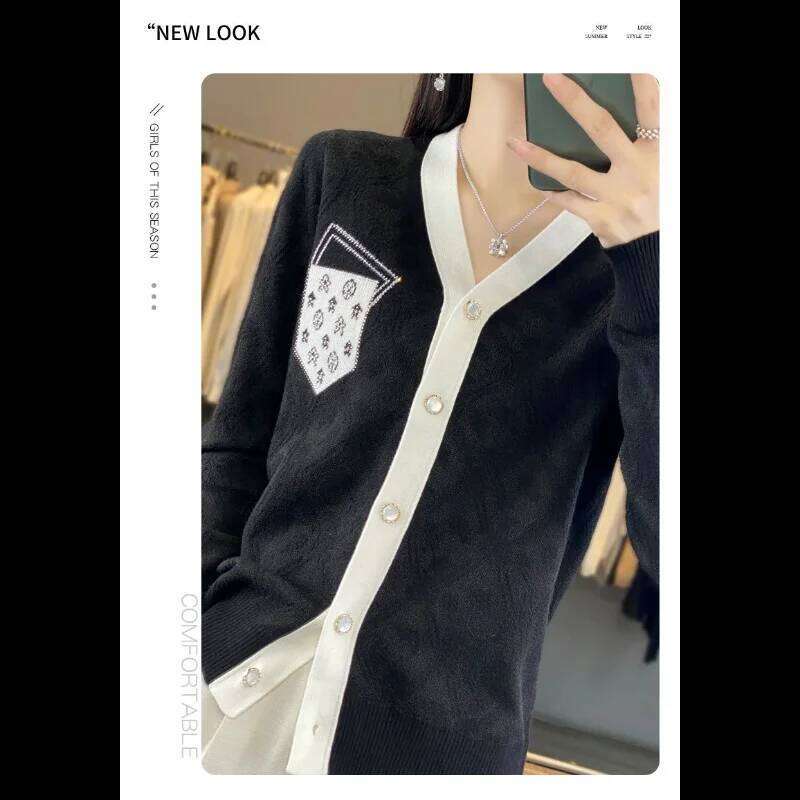 Small Scent Style V neck Contrast Mardi Hefxessdr Knitted Cardigan for Women in Autumn and Winter Sweater Jacket Temperament Top